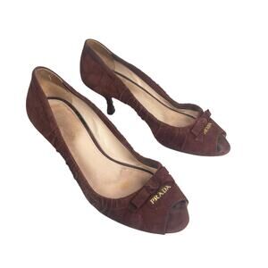 PRADA Vintage Kitten size 38 / 8 US Brown Peep Toe Pump Heels